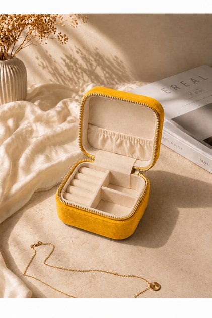 Premium Velvet Travel Jewelry Box 12X8 cm | Zippered Jewelry Organizer, Ring Earring Necklace Bracelet Storage Box
