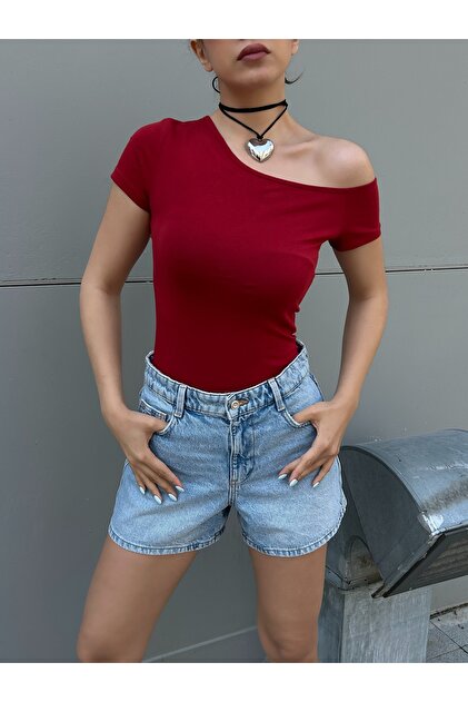 Boat Neck One Shoulder Open Cotton Fabric Short Sleeve Blouse Claret Red