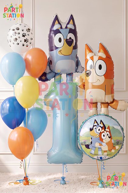 Bluey and Chilli Themed 1 Year Old Foil Balloon Set – 11 Piece Bluey Birthday Set