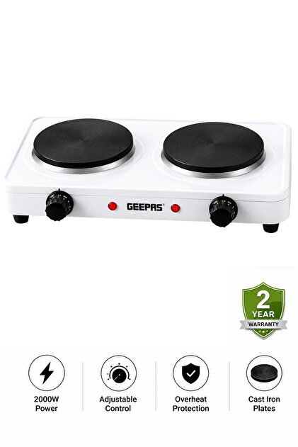 Geepas 2000W Double Hot Plate Electric Hob, 2 Cast Iron Burners| Adjustable Temperature| Portable Tabletop Cooker for Home| Kitchen & Camping|GHP32014