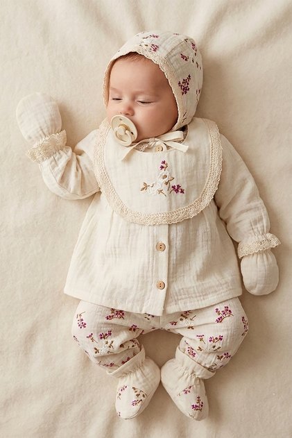 10-Piece Muslin Hospital Discharge Set Fuchsia Colored Flower Printed and Embroidered Boxed Baby Girl Hospital Discharge Set