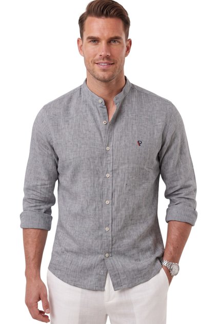 Men's Gray Judge Collar Relaxed Fit Linen Look 100% Cotton Shirt 2602612