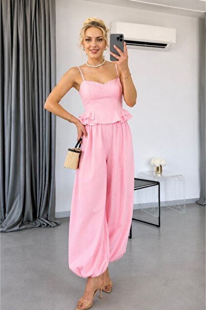 Pembe Fırfır Detaylı Crop Şalvar Takım ⭐