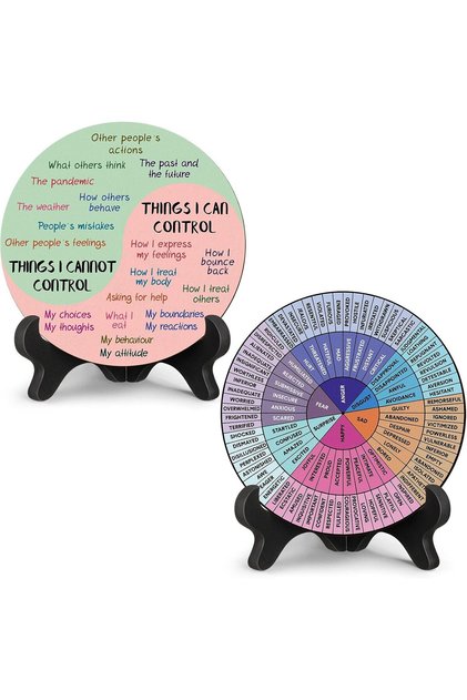 Decorative Objects & Ornaments,2-Piece Feelings Wheel,Mental Health Emotions Chart,Double Sided Self-Regulation Tool,with Stand,Psychology Decor for Home Office,Counselor,Professionals,Bright