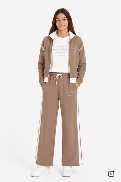 Brown Girls' Stone-Colored Stand-Up Collar Cardigan Wide-Leg 3-Piece Top and Bottom Set 24738