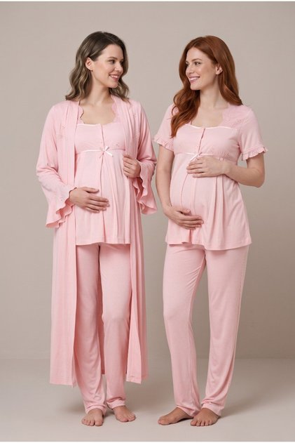 Women's Powder Flounce Sleeve Scallop Lace Maternity Nightgown Set