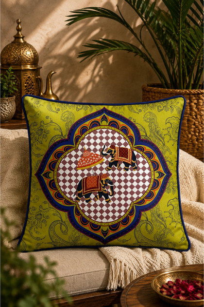 Ethnic Indian Themed Decorative Throw Pillow Cover with Elephant Figure and Patterned Ribbons 43X43