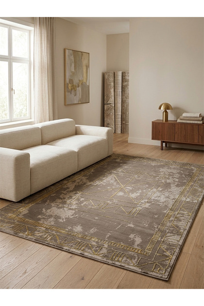 "Sienna" Turkish Carpet - Modern Luxury in Dusty Brown with Golden Geometric Patterns