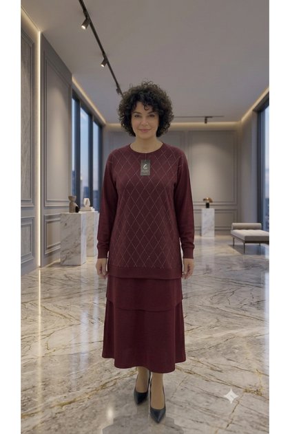 Bordo Roldan Desenli İkili Tesettür Kombin Takım - Tunik ve Etek Seti