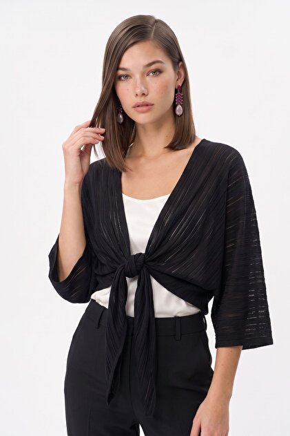 Önü Bağlamalı Yarasa Kol Crop Bolero Bluz