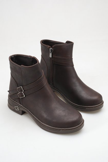 Women's Double Buckle Zippered Comfortable Daily Brown Short Boots