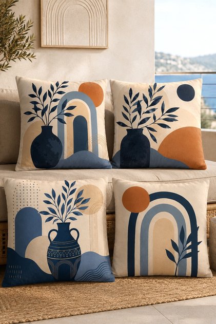 Saksılar ve Gökkuşakları Desenli 4'Lü Kırlent Kılıfı Seti