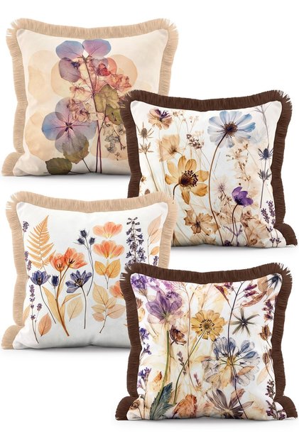 Set of 4 Fringed Throw Pillow Covers with Dried Botanical Wildflower Pattern