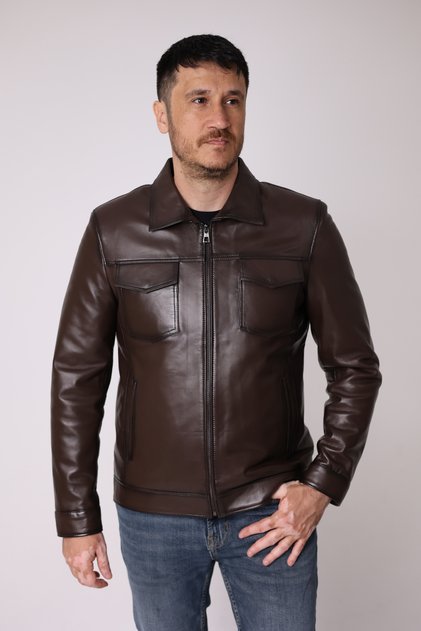 Kahverengi L-501 Model Hakiki Deri Mont Detaylı Deri Ceket