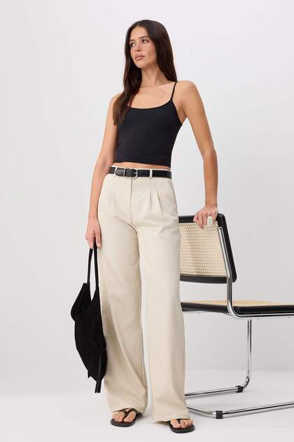 Taupe Wide Leg/Pleated Woven Pants TWOAW22PL0475