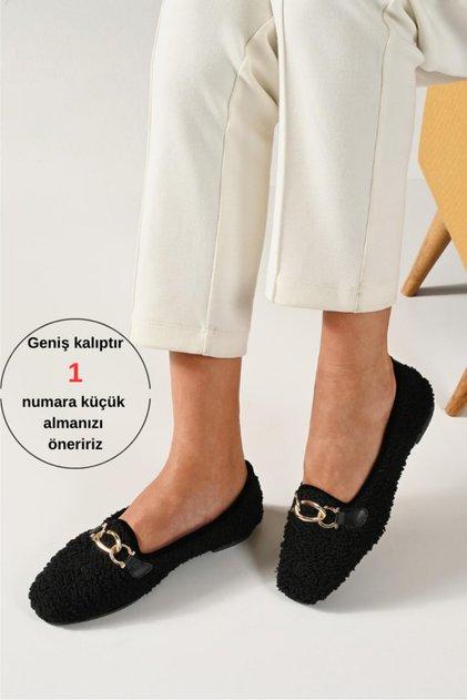 Women's Black Gurva Chain Plush Home Slippers 1cm Byndshr01