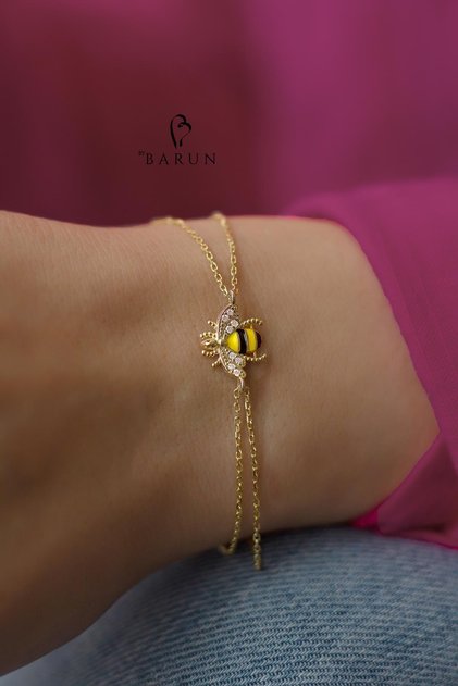 Arılı bileklik Mineli Beyaz Taşlı Bereket Şans Sembolü 925 Ayar Gümüş zincir Bileklik
