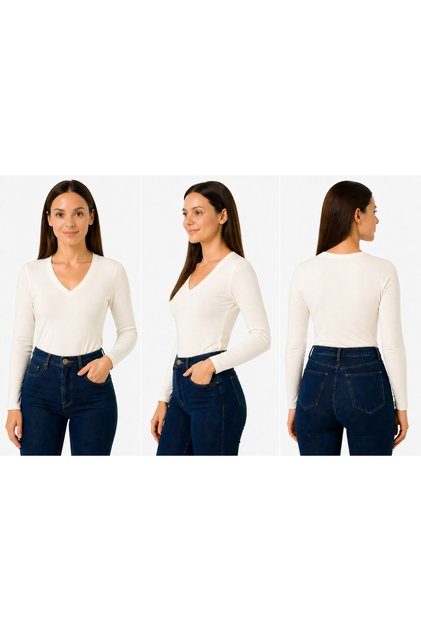 body uzun kol V yaka viskon örme kumaş kadın bluz basic badi body