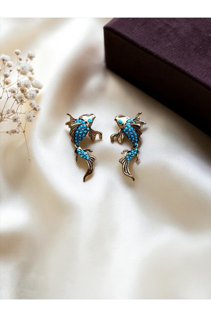 Turquoise Embellished Fish Figurine Earrings