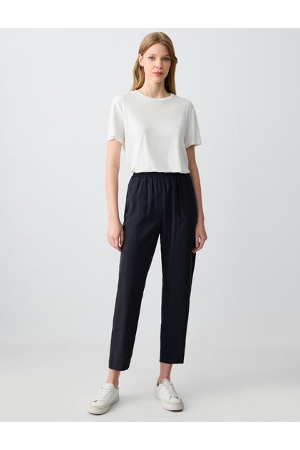 Black High Waist Regular Leg Modal Woven Trousers