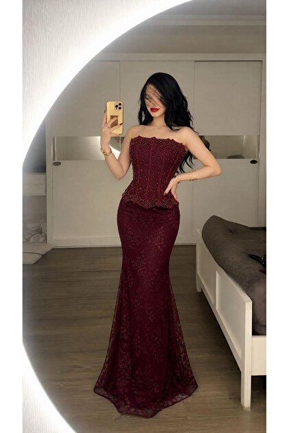 SAMEERAH STYLE Luxury Dress with Embossed Embroidery and Pearl Beads  Layered with Elegant Lace- Trendyol