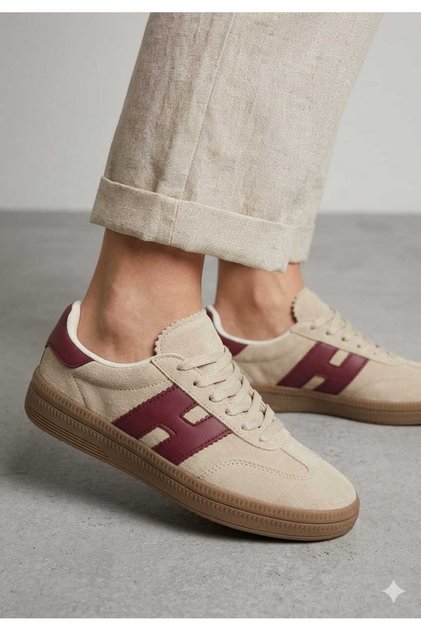 Women's Beige Burgundy Suede Sneaker Shoes