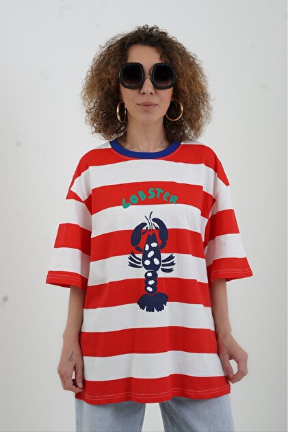 Zelish My Sister Kırmızı Çizgili Lobster Baskılı Oversize Tshirt
