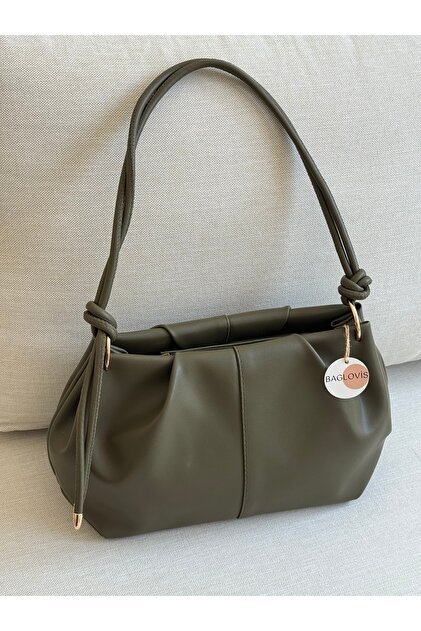 Zippered Knot Detail Khaki Medium Faux Leather Women's Shoulder Bag EN35 HEIGHT20