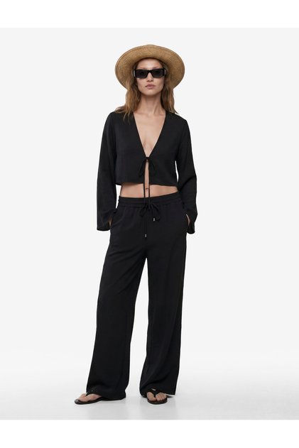 Wide Long Sleeve Crop Blouse with Front Tie Detail