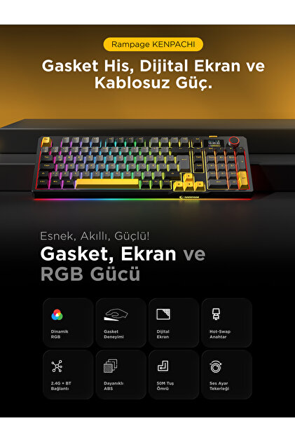 Rampage Kenpachi Ekranlı 2.4G + BT Wireless RGB Hot Swap Gasket