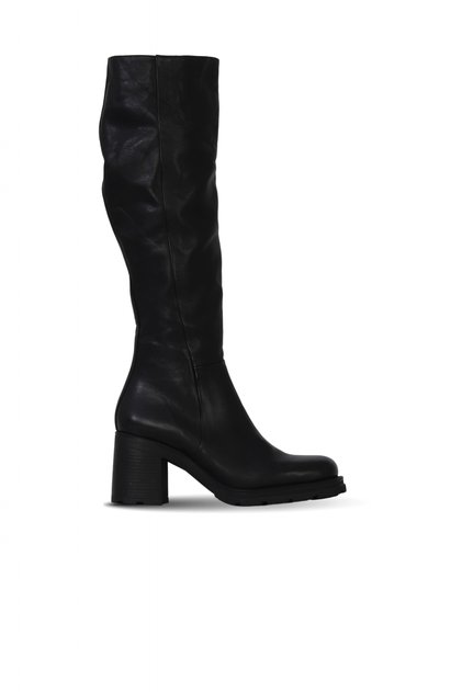 Black Leather Women's Heeled Boots 01Wf3603