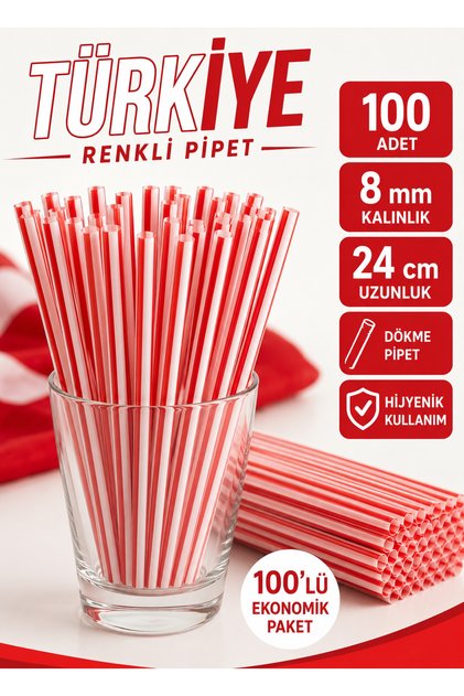 National Team Fan Straw 100 Pieces 8 mm 24 cm Red White