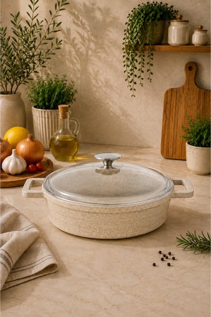 Elexsus 28 cm Cast Granite Flat Pot Non-Stick with Cappuccino Glass Lid