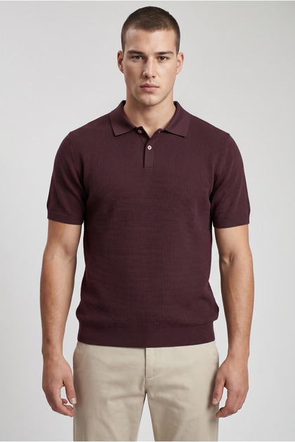 Burgundy Men's Polo Collar Buttoned Short Sleeve T-Shirt