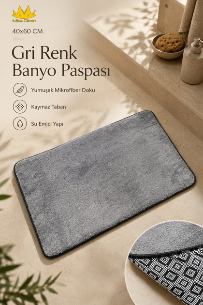 ( 1 Adet ) 40*60 CM Gri Renk Banyo Paspası Kaymaz Tabanlı Su Emici Yapı Kare