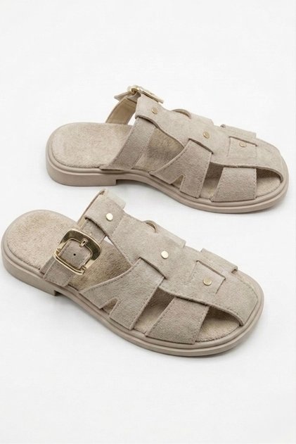 Beige Women's Suede Caged Slippers - Buckle Gladiator Slippers