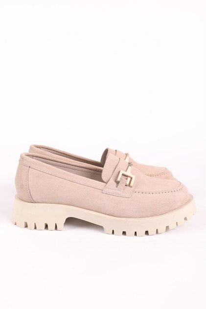 Women's Genuine Leather Buckle Detailed Casual Moccasin Loafer Shoes Suede Beige