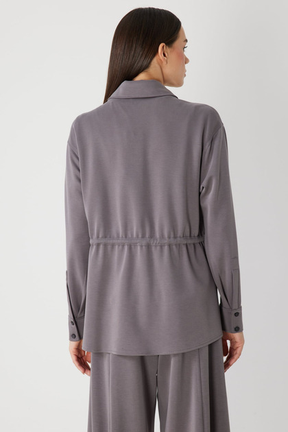 Kadın Örme Viskoz Overshirt Gömlek Klasik Yaka Büzgü Detaylı Uzun Kollu 26YON74702