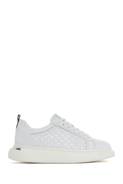 Men's White Lace-Up Thick Sole Sports Shoes, Genuine Leather Sneaker 25Sfd641418