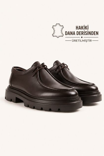 Men's brown genuine leather thick sole lace-up shoes - obsidian