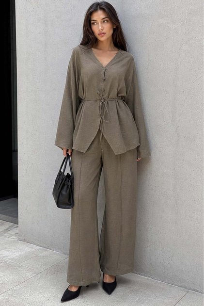 Mink V-Neck Buttoned Belted Double Modal Women's Set Mg2619
