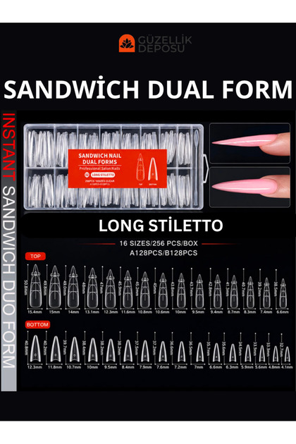 Sandviç Tırnak İkili Dual Form Seti - 256 Adet 16 Boyut Sandwich Protez Tırnak Uzatma Kalıbı Üst ve Alt Şeffaf Kalıplar