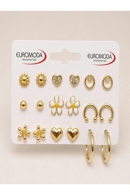 Papatya Kalp Güneş Detaylı 9'lu Gold Renk Küpe Seti