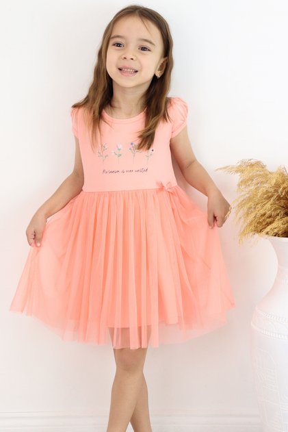 Girl's Dress Flower Printed Tulle Bow Detail 1.5-5 Years Old, Salmon