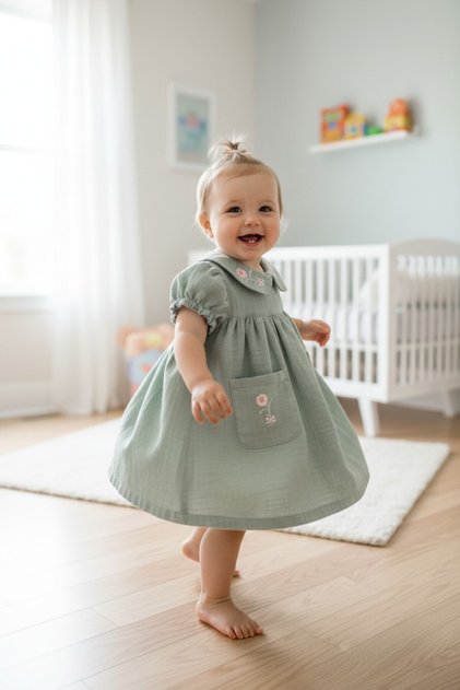 Baby Bebe Collar Pocket Embroidered Muslin Dress Summer Wear