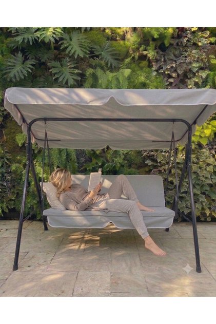 3 Kişilik Salıncak - Gölgelikli Bahçe Balkon Teras Salıncağı -gri
