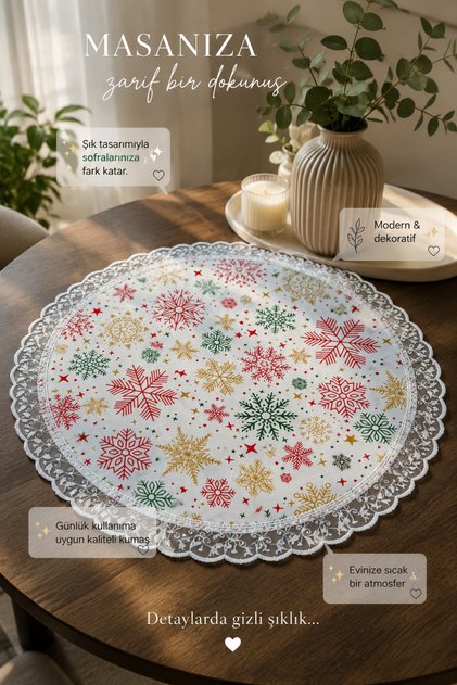 Snowflake Patterned Round Christmas Runner - 60 cm Decorative Supla