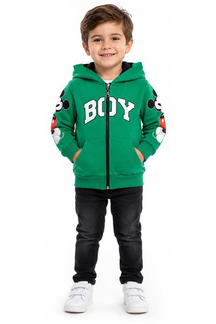 Boy's Green Cardigan with Printed Hood, Ears and Sleeves
