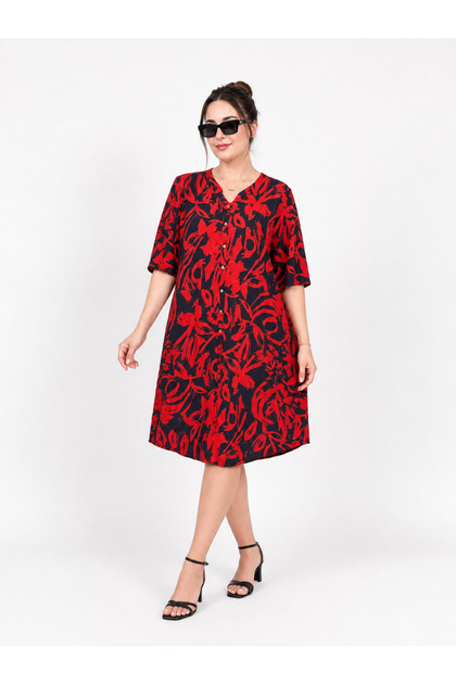 Women's Plus Size Patterned V-Neck Cotton Viscose Oversize Loose Cut Midi Dress
