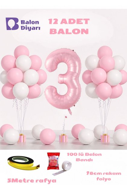 3-Year-Old Pink Birthday Balloon Set 78cm Balloon Includes Balloon Tape Raffia